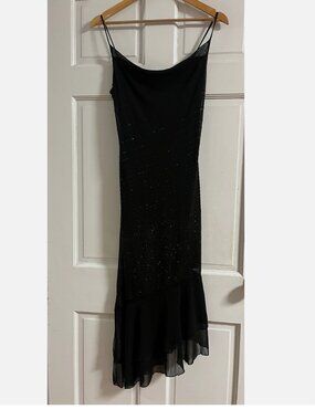 Vtg Y2K strappy Dress Black Sparkle Scoop neck spagetti straps sz Small